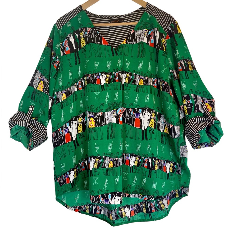 Womans Retro Print Blouse Large Top Shirt Cocktail Happy Hour Novelty V Neck